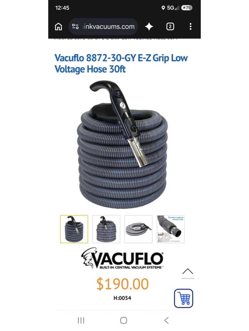 Vacuflo 8872-30-GY E-Z Grip Low Voltage Hose 30ft SH1